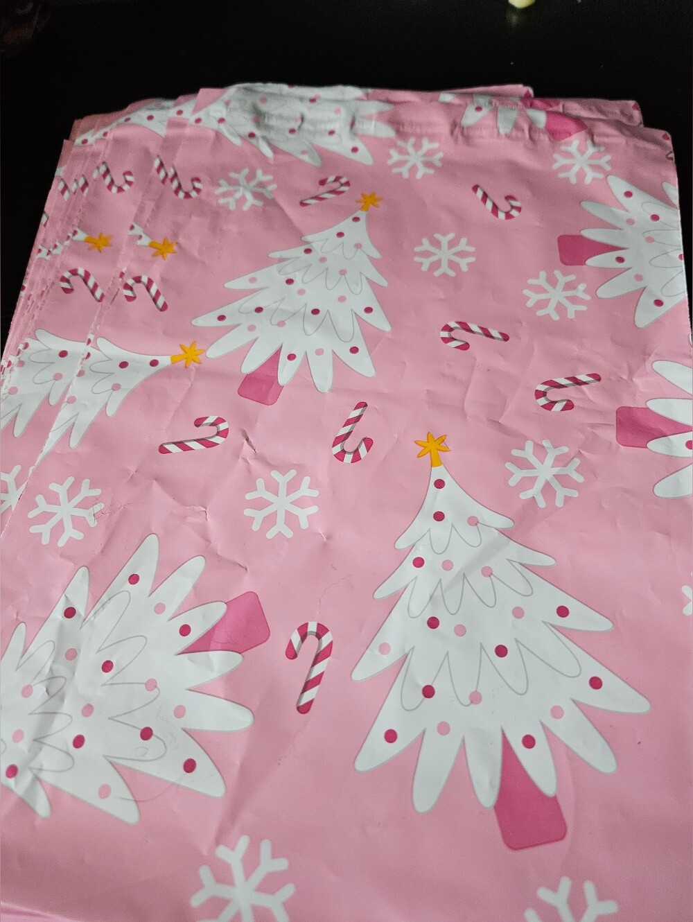 Pink Holiday Polymailer Packages with White Christmas Tree Print